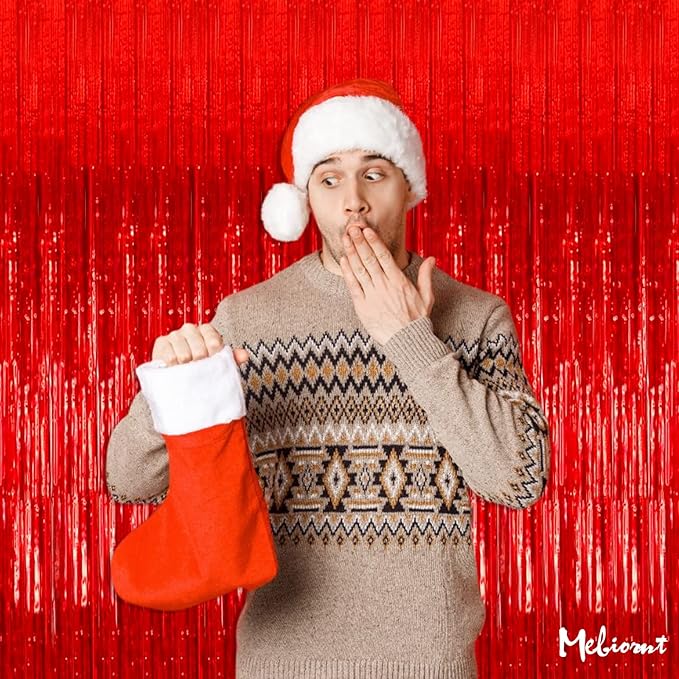4 Pack Red Fringe Curtain Backdrop, 3.2Ft x 8.2Ft Metallic Tinsel Foil Fringe Streamers Background for Photo Booth Birthday Wedding Baby Shower Carnival Easter Mother’s Day Party Decorations