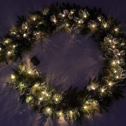 9Ft Pre-Lit Christmas Garland, Plug in, Green, 50 White Lights, Fireplace Stairs Mantle Door Indoor Outdoor, Decorated Pine Cone and Snow Style
