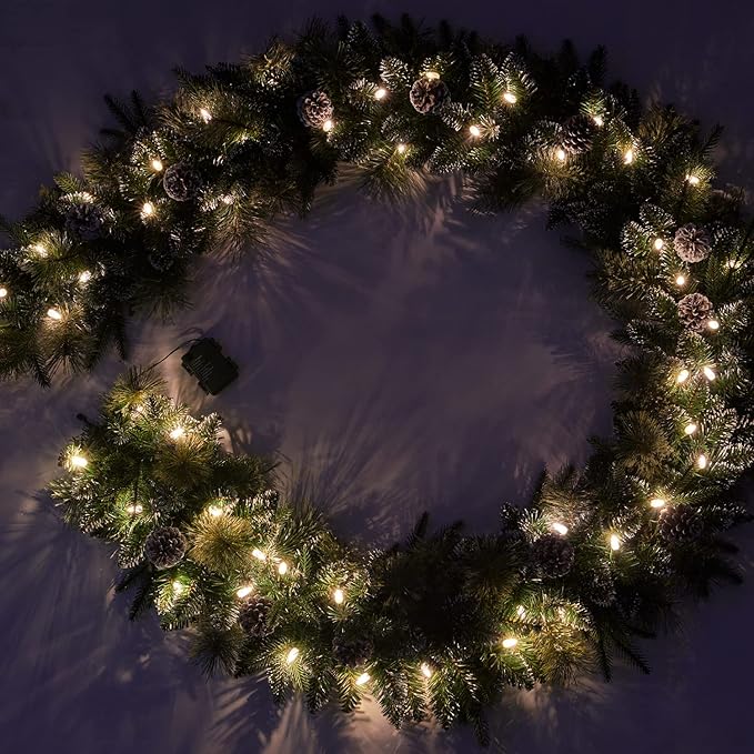 Christmas Garland Pre-lit 9 Ft with 50 Led Lights, Battery Operated Fireplace Stairs Mantle Door Indoor Outdoor, Decorated Pine Cone and Snow Style