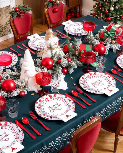 Ciaell 175PCS Christmas Plastic Plates - Red Plastic Plates - Christmas Disposable Dinnerware Sets Include 50Plates, 75Silverware, 25 Cups and 25Napkins for Xmas Parties