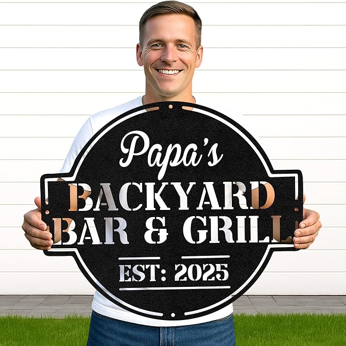 Personalized BBQ Cabin Metal Sign, Custom Grill Name Cut Wall Art for Backyard Patio, Rustic Outdoor Kitchen Gift Idea
