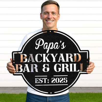 Personalized BBQ Cabin Metal Sign, Custom Grill Name Cut Wall Art for Backyard Patio, Rustic Outdoor Kitchen Gift Idea