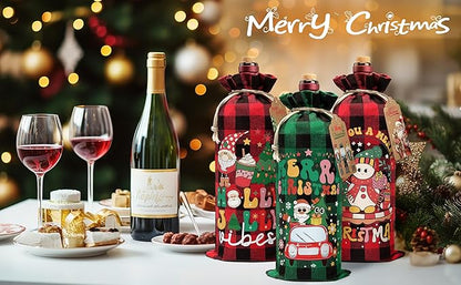 24PCS Burlap Wine Bag Christmas Wine Gift Bags, Drawstring Retro Christmas Bottle Cover Gift Bag w/ Tag, Buffalo Plaid Wines Bags for Bottles Gifts Reusable Bottle Covers for Xmas Holiday Party Decor