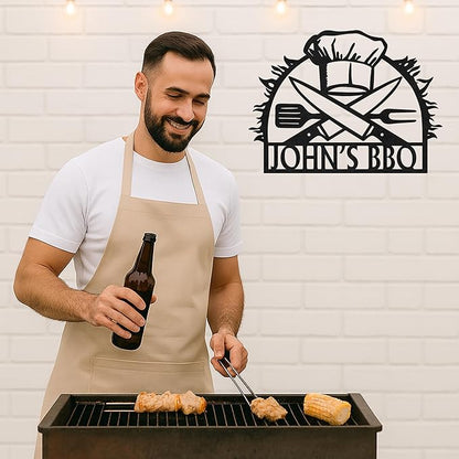 Custom BBQ Grill Name Sign, Personalized Metal Cut Wall Art for Outdoor Patio, Rustic Backyard Barbecue Kitchen Decor