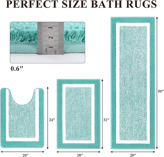 Pauwer 3-Piece Bathroom Shower Rug Set - U-Shaped Toilet Mat, Absorbent Microfiber Plush Bath Mats with Non-Slip Back, Machine Washable Shaggy Bathroom Floor Mats, Teal