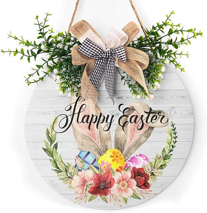 Harooni Easter Sign 12x12 Inch Wooden Hanging Sign Cute Easter Bunny Welcome Wreaths for Front Door Indoor Outdoor