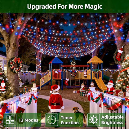 300LED Chrstmas Lights, 75ft Indoor Outdoor Christmas String Lights with 12 Modes, Red White and Blue Christmas Tree Lights with Timer Dimmable Connectable for Fence Garden Xmas Wedding Party Decor