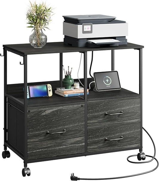 DEVAISE 3 Drawer Mobile File Cabinet, Rolling Printer Stand with Storage Shelf, Fabric Lateral Filing Cabinet fits A4 or Letter Size, Adjustable Shelf for Home Office, Charcoal Black Wood Grain Print