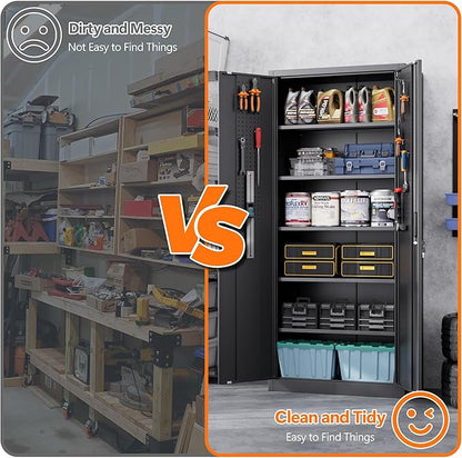 Aobabo 71" H×32" W×16" D Metal Storage Cabinet with 5 Adjustable Shelves, Locking Garage Storage Cabinet with Pegboards and 4 Hooks for Garage, Office, Black, Assembly Required