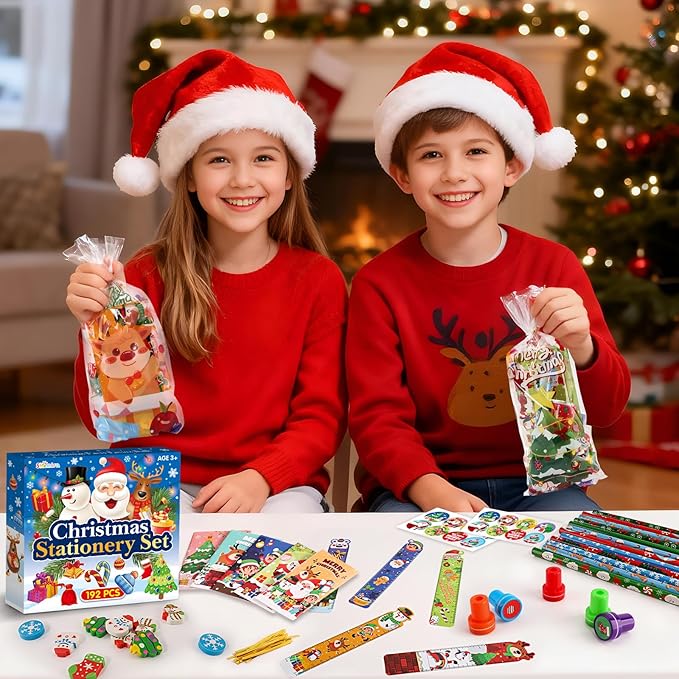 Shemira Classroom Gifts for Students, 192PCS Christmas' School Stationery Set, Christmas Party Favors, Assorted Goodie Bag Stocking Stuffers, Xmas Gifts Toys Reward Prizes for Kids