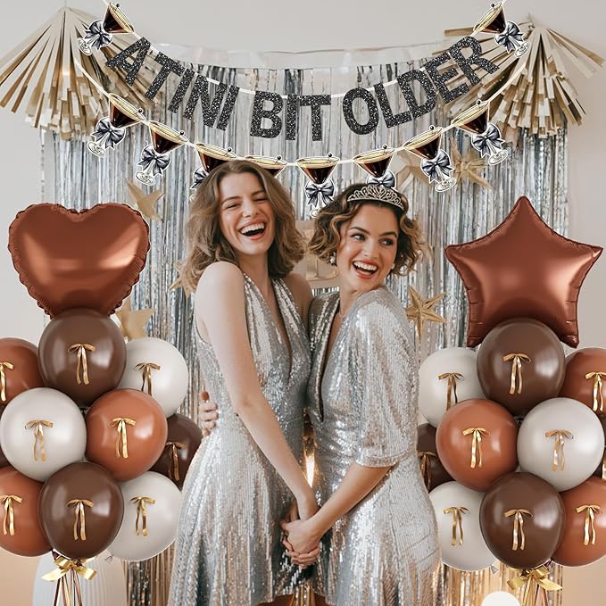 A Tini Bit Older Birthday Decorations Glitter Black Brown White Balloon Set Star Heart Foil Balloons Espresso Martini Glasses Bunting Banner Garland Bachelorette Bridal Shower Cocktail Night Bar Party