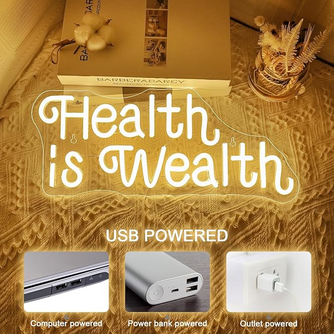 NOSUN Health is Wealth Neon Sign Healths Neon Signs for Wall Decor Warm White Letter Sign with USB Neon Word Sign for Bedroom Office Party Club Light Up Signs Wealth Neon Decoration LED Light