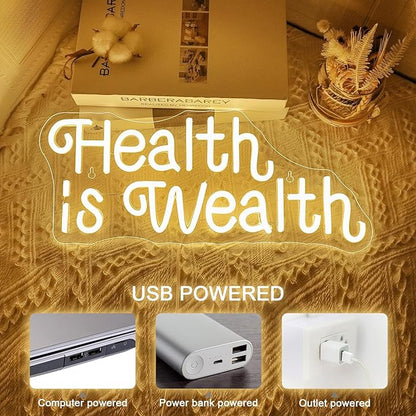 NOSUN Health is Wealth Neon Sign Healths Neon Signs for Wall Decor Warm White Letter Sign with USB Neon Word Sign for Bedroom Office Party Club Light Up Signs Wealth Neon Decoration LED Light