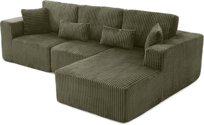 L Shaped Modular Boneless Sectional Couches for Living Room, Wide Armrest, Deep Seat, Memory Foam, Assembly Free, Modern Comfy Corduroy Fluffy Cloud Sofa with Right Chaise, Green