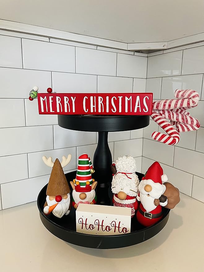 Madanar Resin Christmas Gnomes 4 Piece Set Tiered Tray Shelf Kitchen Table Holiday Decorations - Elf, Santa, Mrs. Claus, & Reindeer (Christmas)