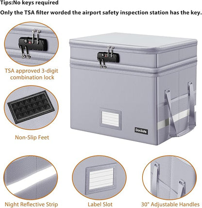 DocSafe File Box with Lock,Multi-Layer Fireproof Document Box Collapsible File Storage Organizer with Pocket,Large Portable Home Office Filing Cabinet Safe for Hanging Letter/Legal Size Folder,Silver