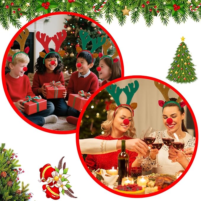 12 Pcs Christmas Reindeer Headbands and 12 Pcs Reindeer Red Nose, 3 Assorted Color Funny Cute Xmas Deer Hairbands with reindeer ears for Christmas Party Favors Family Holiday