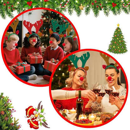 12 Pcs Christmas Reindeer Headbands and 12 Pcs Reindeer Red Nose, 3 Assorted Color Funny Cute Xmas Deer Hairbands with reindeer ears for Christmas Party Favors Family Holiday