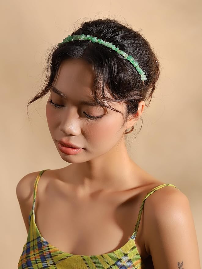 MINACHI Green Aventurine Hairband – Handmade Boho Bridal Accessories with Gold-tone Wire Wrap for Women