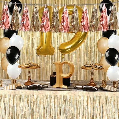 3P Rose Champagne Gold Tassel Banner Garland Metallic Foil Fringe Banner Tinsel Tassels Streamer Banner Backdrop for Parade Floats, Graduation Decorations, Wedding Party Decoration