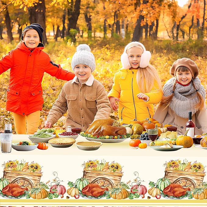 3PCS Thanksgiving Tablecloth, Disposable Plastic Tablecloths Rectangle Give Thanks Table Cover with Harvest Pumpkin Turkey for Home Kitchen Party Picnic Thanksgiving Decorations, 51.2x 86.6inch
