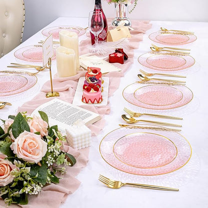Rubtlamp 100Pcs Clear Pink Gold Plastic Plates, Pink Disposable Plates With Gold Rim, Hammered Plastic Plates Include 50 Clear Dessert Platos, 50 Dinner Platos for Party