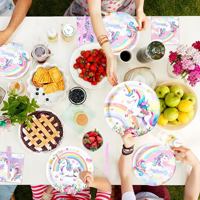 Unicorn Birthday Decorations Includes Plates, Napkins, Cups, Cutlery, Hanging Swirls, Banner, Cake & Cupcake Toppers, Balloons, Tablecloths for Rainbow Girls Birthday Party Decorations, Serve 20