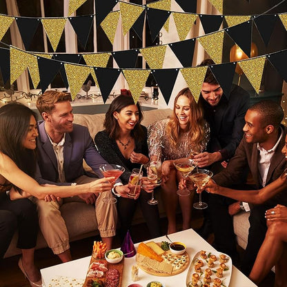 4Pcs Black Gold Glitter Triangle Flag, New Year 2026 Birthday Christmas Graduation Party Decor Banner, Black Gold Pennant Banner Paper Bunting Hanging Decor for New Year Holiday Party Supplies