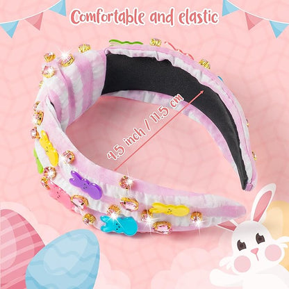 PANTIDE Easter Bunny Jeweled Knotted Headband - Peeps Rabbits Rhinestone Crystal Embellished Headband Wide Top Knot Hairband Hair Accessories Easter Spring Birthday Gift for Women Girls (Pink Plaid)