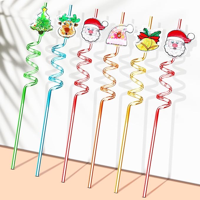 24Pcs Glitter Christmas Party Favors Supplies Decorations, Christmas Straws for Classroom Students Kids Gifts, Party Supplies for New Year, Christmas, Birthday