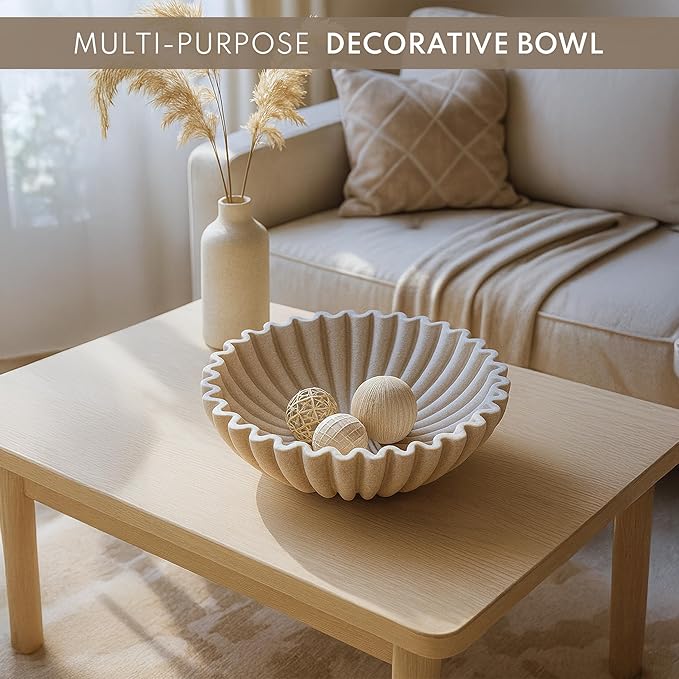 12" Extra Large Decorative Bowl – Modern Handmade Bowls for Home Decor, Decorative Fruit Bowl for Kitchen Counter, Ruffle Decor, Stylish Key Bowl for Entryway Table, Beige Artificial Stone