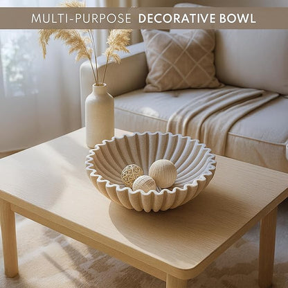 12" Extra Large Decorative Bowl – Modern Handmade Bowls for Home Decor, Decorative Fruit Bowl for Kitchen Counter, Ruffle Decor, Stylish Key Bowl for Entryway Table, Beige Artificial Stone