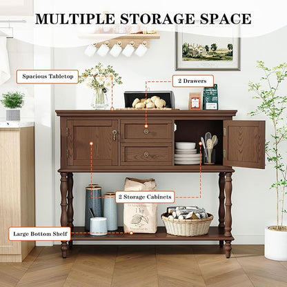 ARTPOWER Console Table for Entryway, Retro Wooden Entryway Table with Storage, with 2 Door & Drawers and Open Shelf, Behind Couch Sofa Table for Living Room, Foyer, Hallway, Brown