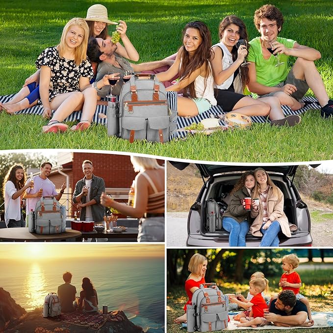Picnic Backpack Bag for 4 Person with Cooler Compartment and Wine Holder,Fleece Blanket,Cutlery Set,for Camping,Beach,Day Travel,Hiking,BBQ and Family/Couples Gifts,Accessories,Supplies(Light Gray)