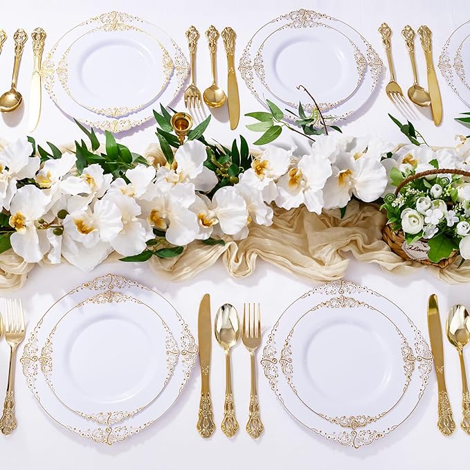300Pieces Gold Plastic Silverware - Heavy Duty Gold Disposable Utensils - Vintage Plastic Cutlery Set Includes 100 Forks, 100 Spoons, 100 Knives for Dinner Parties Weddings