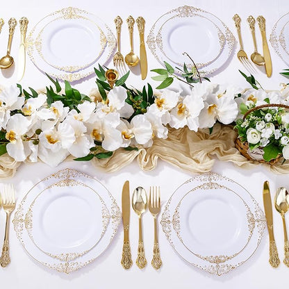 300Pieces Gold Plastic Silverware - Heavy Duty Gold Disposable Utensils - Vintage Plastic Cutlery Set Includes 100 Forks, 100 Spoons, 100 Knives for Dinner Parties Weddings