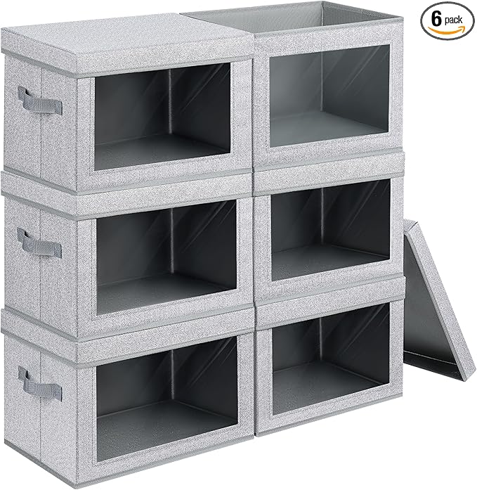 Stackable Storage Bins with Lids - Medium Storage Box with Lids, Foldable Storage Bins, Wardrobe Clothes Organizer with Window, Cubes Storage Bins for Living Room, 6 Pack, Blended