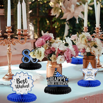 Happy 80th Birthday Decorations,80th Bday Blue Glitter Shiny Stand Honeycomb Table Centerpieces - Cheers to Eighty Years Old Birthday Party Photoprop Gift Sign.