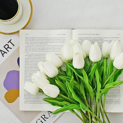 ONLY ART Artificial White Tulips 20 Pcs – 13.5 Inch PU Faux Flowers with Bendable Stems for Home Décor, Wedding Centerpieces, DIY Floral Arrangements, Table Decorations