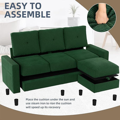 JAMFLY Convertible Sectional Couches for Living Room, L-Shaped Couch 3 Seat Sectional Sofa Set with Polyester Fabric and Movable Ottoman Small Couch for Apartments, Office,Green