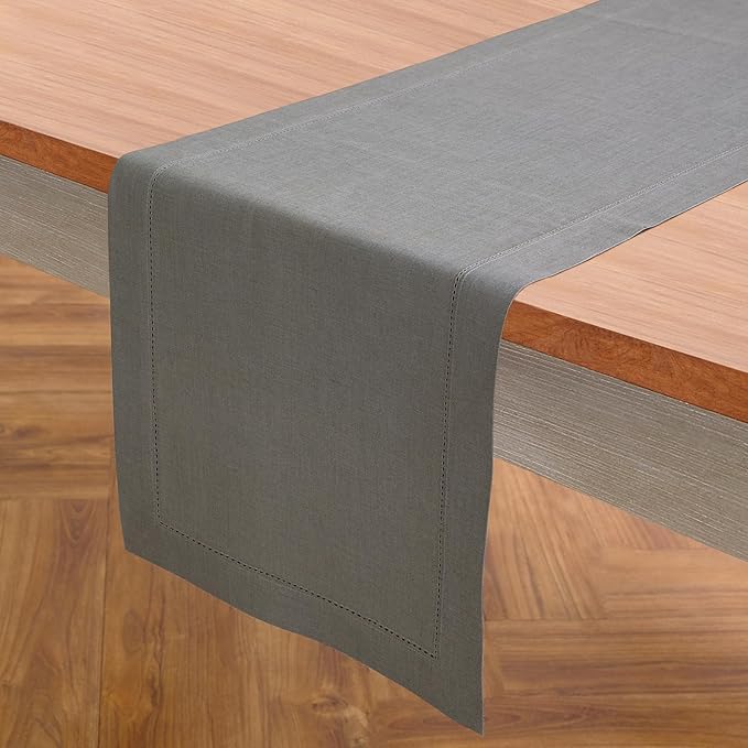 Solino Home Linen Steel Gray Hemstitch Table Runner 48 Inches - 100% Pure Linen Small Table Runner 14 x 48 Inch Ideal for Dresser and Coffee Tables - Classic Hemstitch - Fall, Autumn