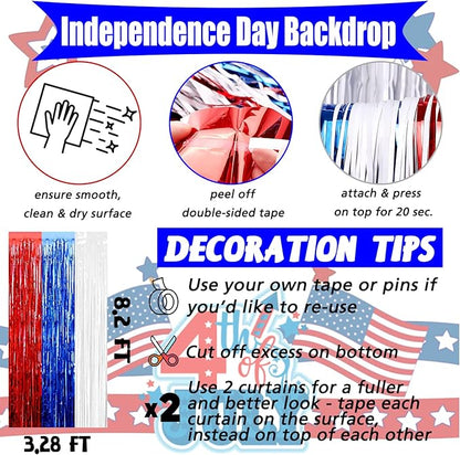 4 Pack 3.2Ft x 8.2Ft Independence Day Fringe Curtain Backdrop, Red Blue White Metallic Tinsel Foil Fringe Streamers Curtains Background for Photo Booth Birthday Wedding Carnival Party Decorations