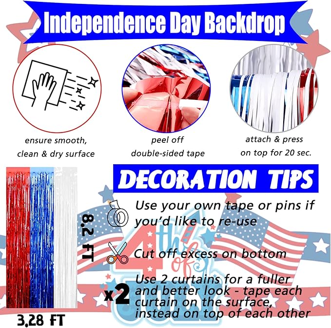 4 Pack 3.2Ft x 8.2Ft Independence Day Fringe Curtain Backdrop, Red Blue White Metallic Tinsel Foil Fringe Streamers Curtains Background for Photo Booth Birthday Wedding Carnival Party Decoration