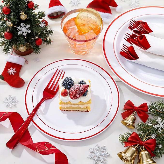 WELLIFE 350 Pcs Red Plastic Plates for 50 Guests - Plastic Dinnerware Set,Christmas Party Supplies Includes 100 Red Disposable Plates,150 Silverware,50 Napkins,50 Cups,Christmas plastic plates