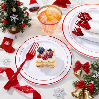 WELLIFE 350 Pcs Red Plastic Plates for 50 Guests - Plastic Dinnerware Set,Christmas Party Supplies Includes 100 Red Disposable Plates,150 Silverware,50 Napkins,50 Cups,Christmas plastic plates