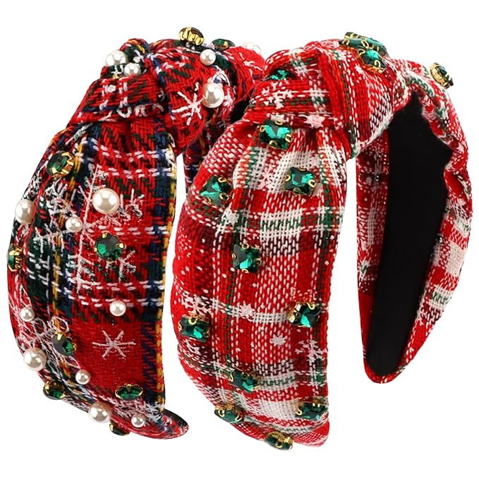 2 Pcs Christmas Headbands for Women Pearl Rhinestone Knot Headband Crystal Jeweled Hair Band Wide Top Knotted Headband Christmas Hair Accessories Holiday Party Outfits Decorations(Snowflake Plaid)