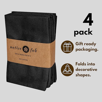 Native Fab Black Cloth Napkins, Set of 4, 17x17 inches, 100% Cotton, Washable, Reusable Fabric Linen, Table Decor Napkins for Dinner, Events, Parties, Wedding - Black