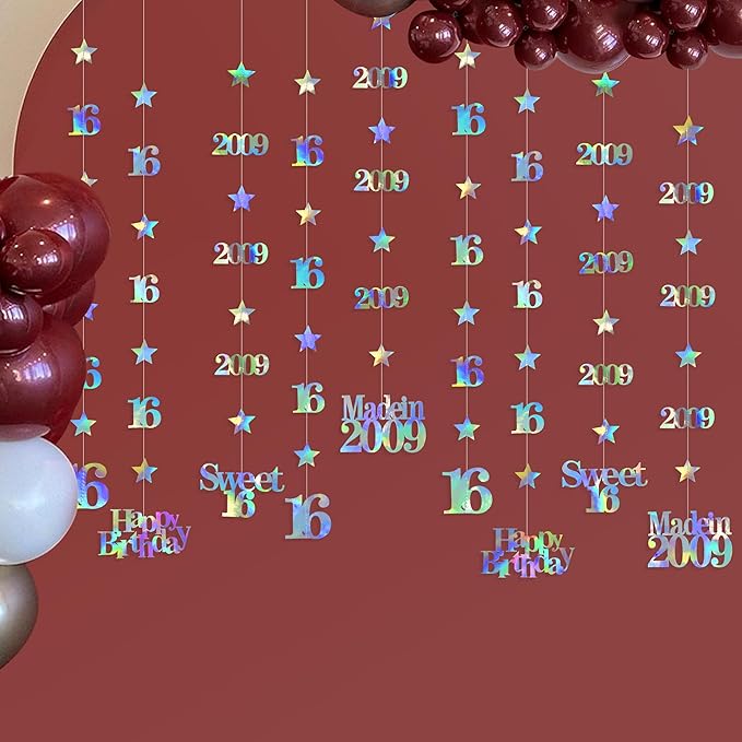 12PCS Iridescent 16th Birthday Decorations Number 16 and 2009 Star Garland Hanging Streamer Banner Backdrop for Girls Boys Cheers to 16 Years Birthday Made in 2009 Sweet Sixteen Party Decor Supplies