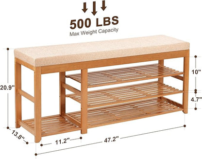 47.2 in Shoe Rack Bench with Cushion, 3 Tier Bamboo Entryway Bench with Storage for Entryway, Hallway, Bedroom, Living Room