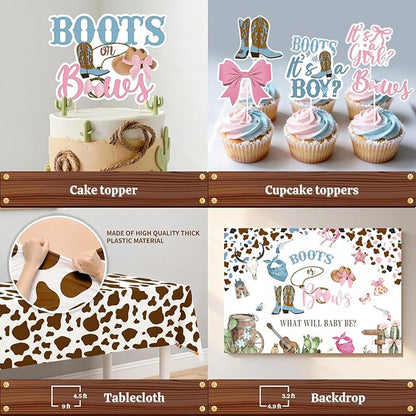 Boots or Bows Gender Reveal Decorations - 130Pcs Boy or Girl What Will Baby Be Gender Reveal Party Supplies Include Backdrop Balloon Garland Tablecloth Boots or Bows Banner Cake Cakecup Topper